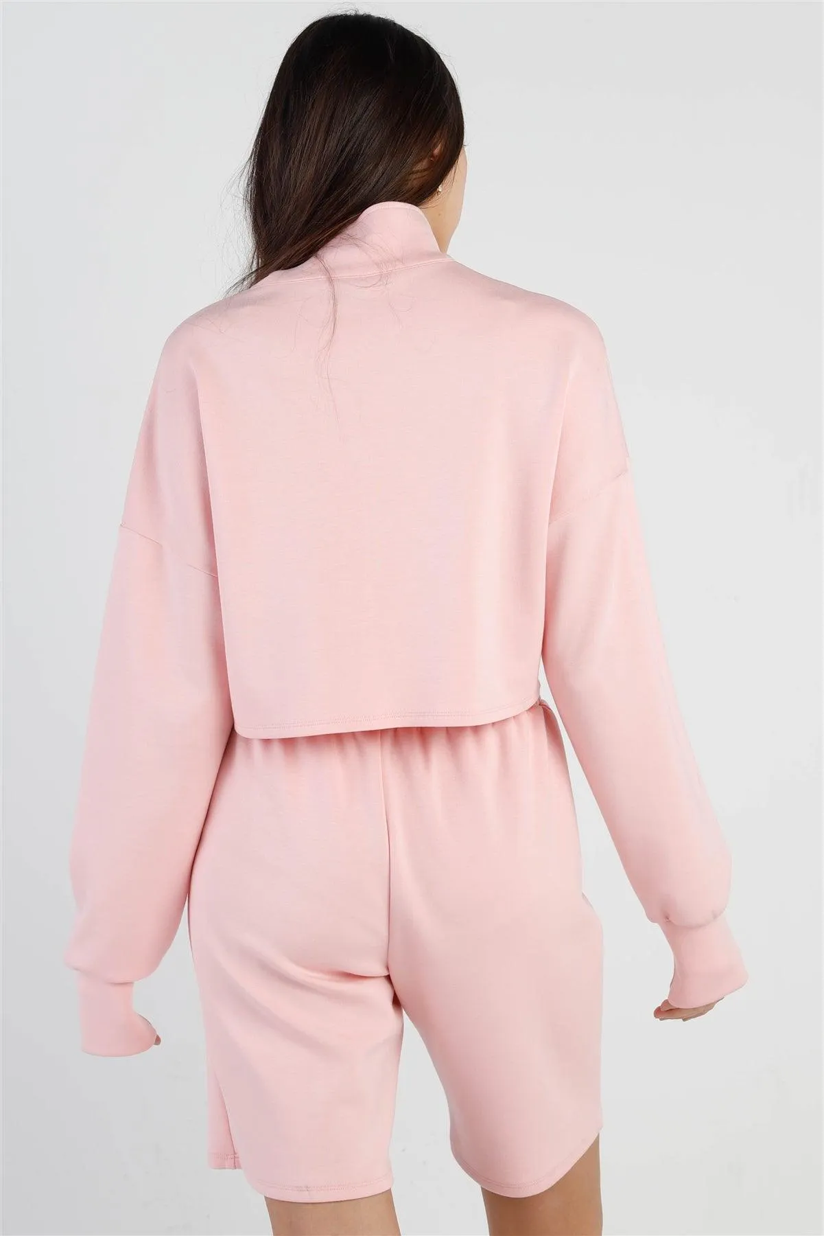 Peach Zip-Up Mock Neck Crop  Sweatshirt & Boyfriend Short Set /2-2-2