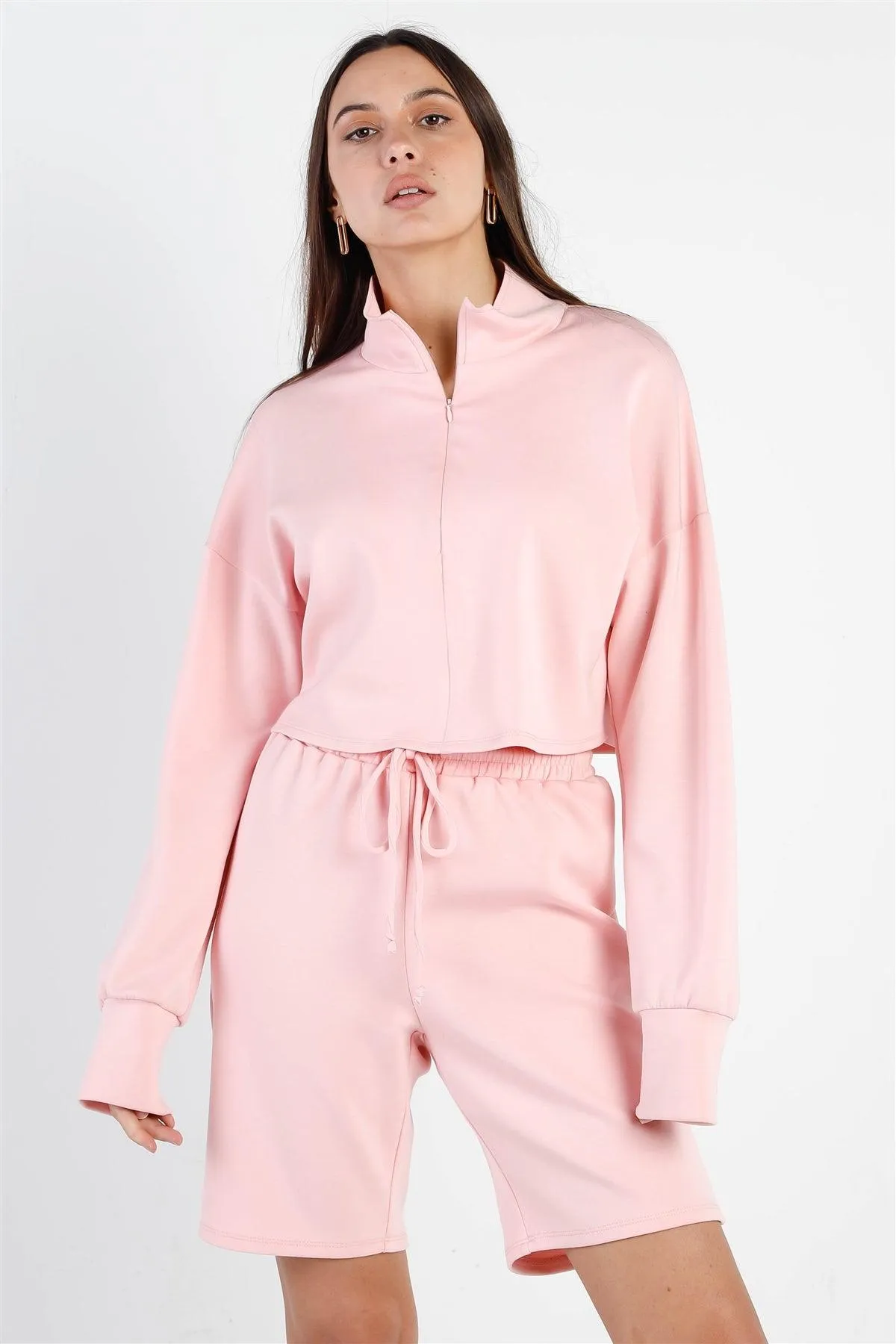 Peach Zip-Up Mock Neck Crop  Sweatshirt & Boyfriend Short Set /2-2-2