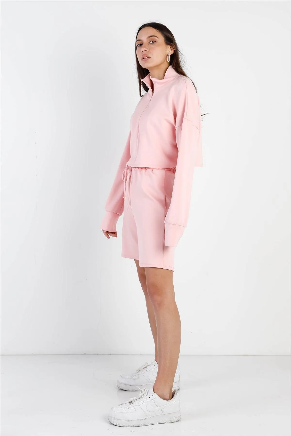 Peach Zip-Up Mock Neck Crop  Sweatshirt & Boyfriend Short Set /2-2-2