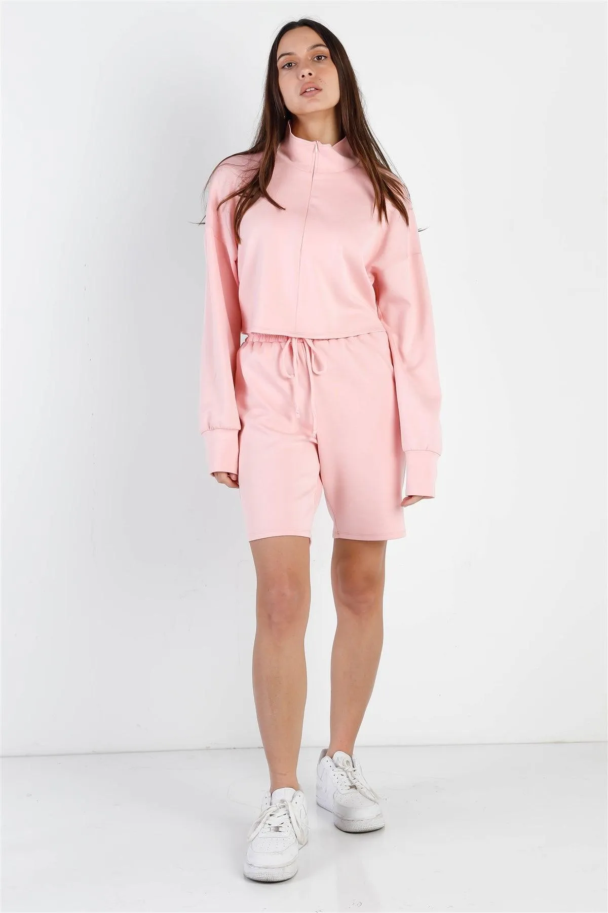 Peach Zip-Up Mock Neck Crop  Sweatshirt & Boyfriend Short Set /2-2-2