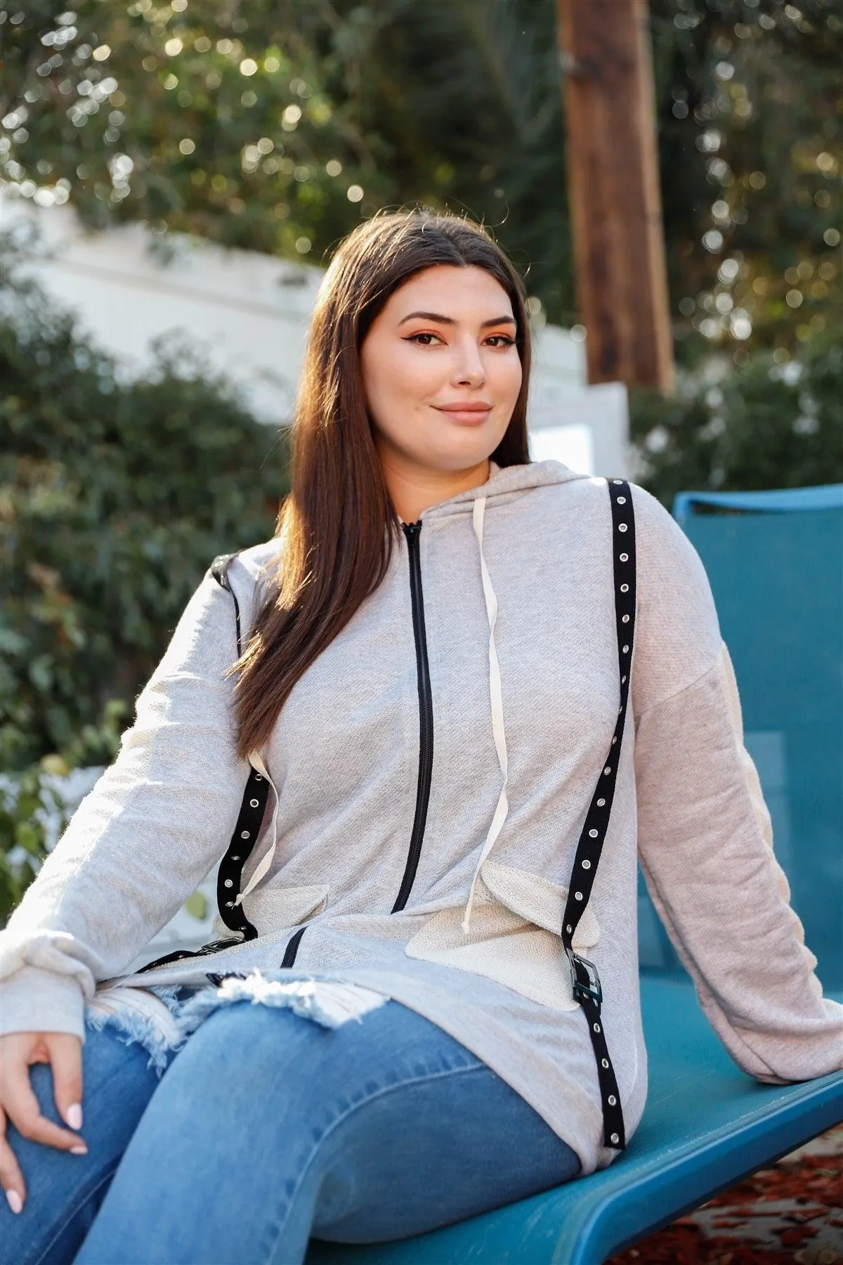 Plus Size Belt Zip-Up Reversed Hoodie Sweatshirt