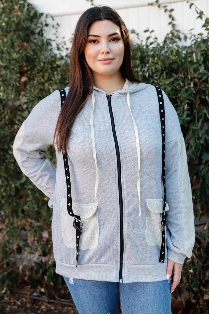 Plus Size Belt Zip-Up Reversed Hoodie Sweatshirt