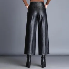 Plus Size Black Leather Culottes Belted and Elastic