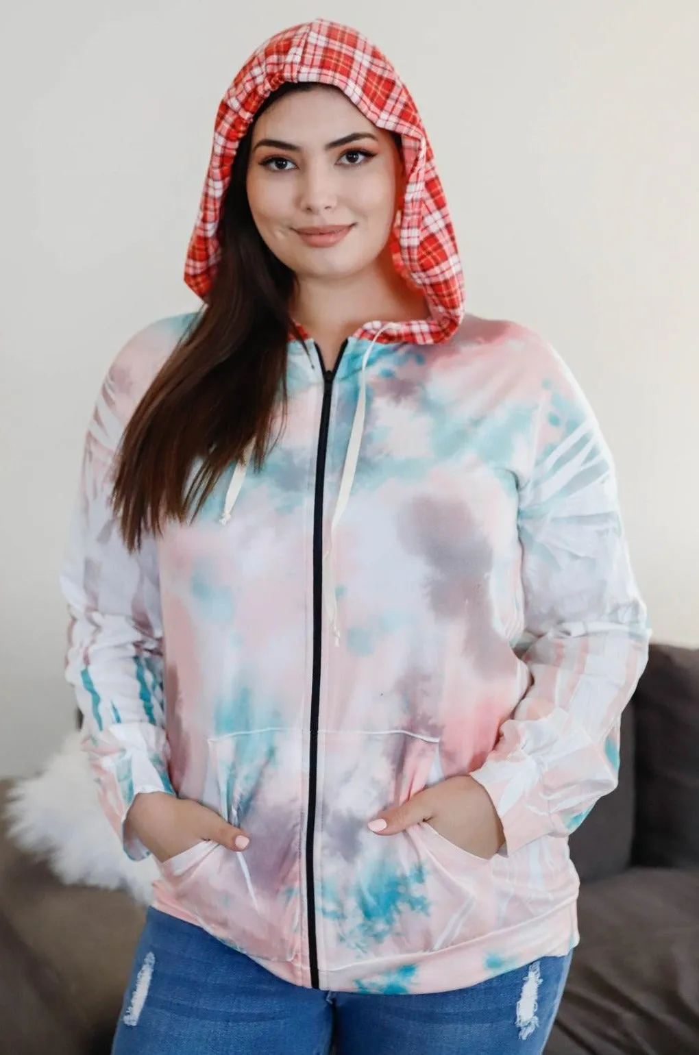 Plus Size Tie-Dye Zip-Up Hoodie Sweatshirt