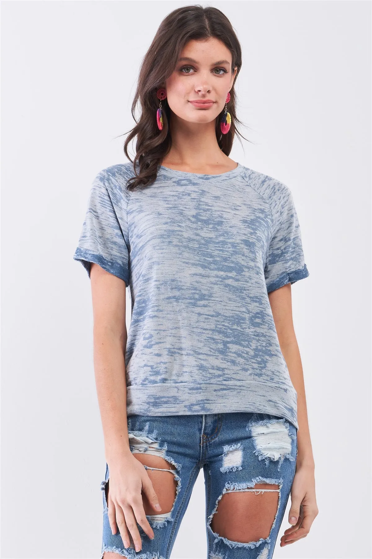 Short Folded Sleeve Round Neck Relaxed Fit T-shirt Top