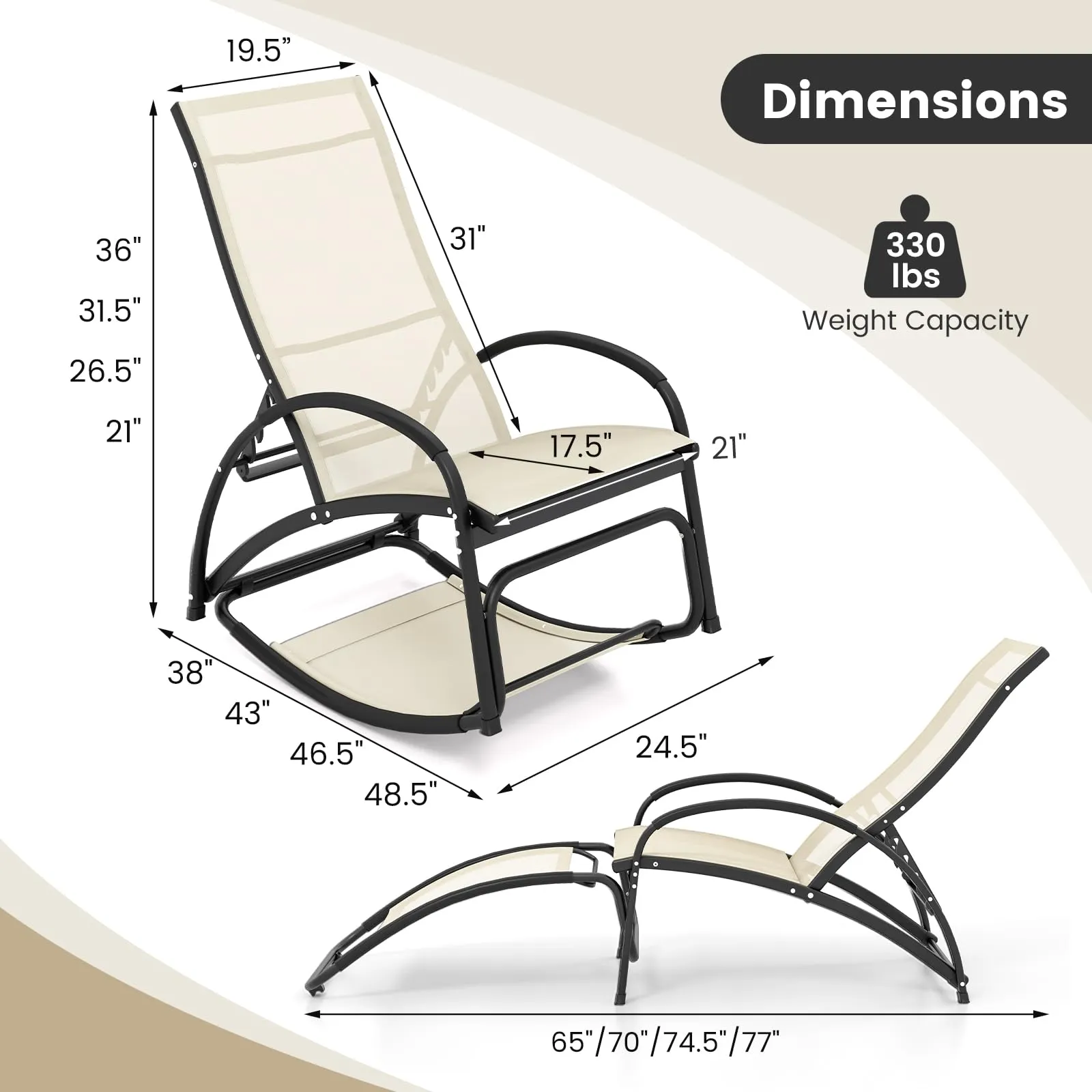 Tangkula Rocking Chair Outdoor, 2-in-1 Convertible Lounge Chair with 4-Level Adjustable Backrest