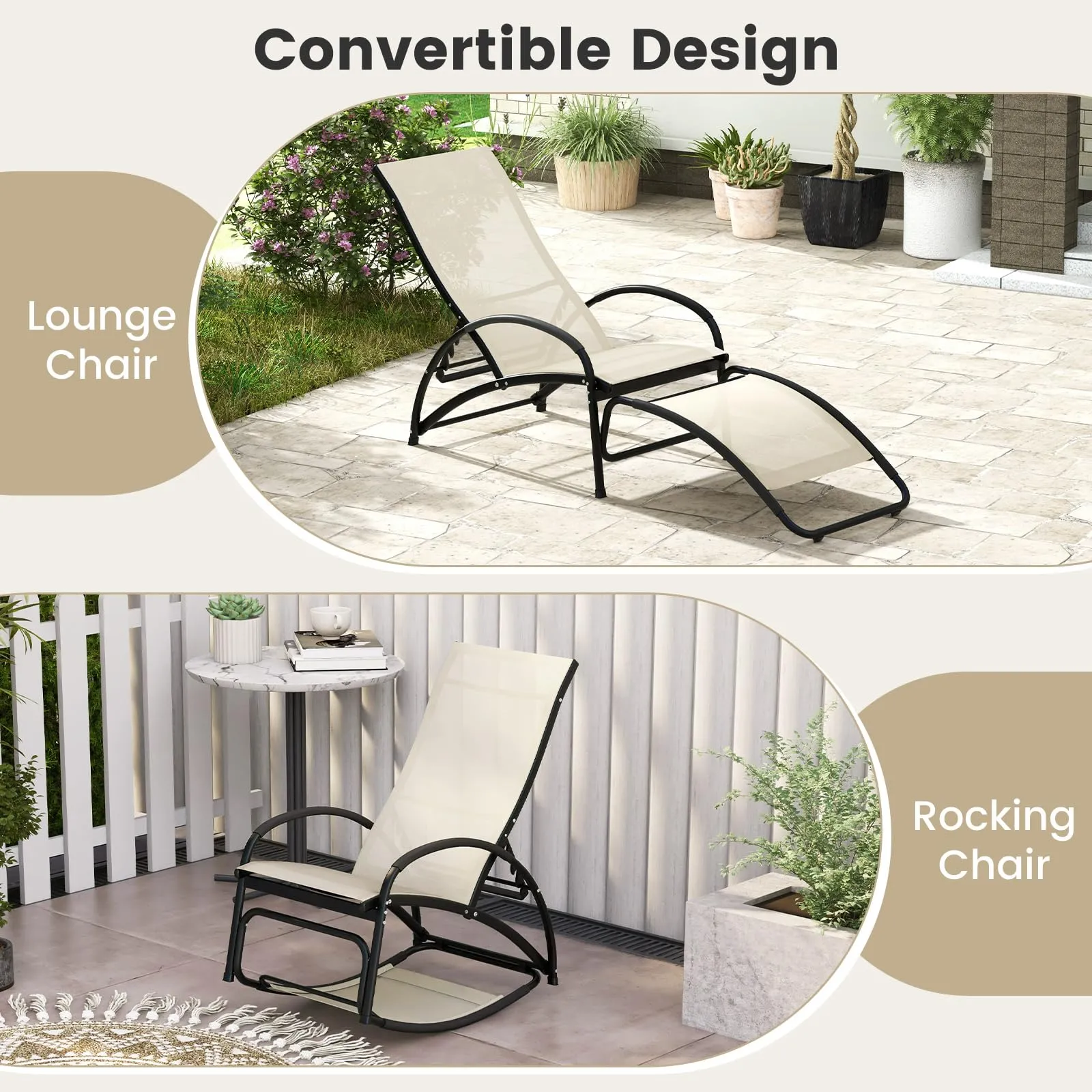 Tangkula Rocking Chair Outdoor, 2-in-1 Convertible Lounge Chair with 4-Level Adjustable Backrest