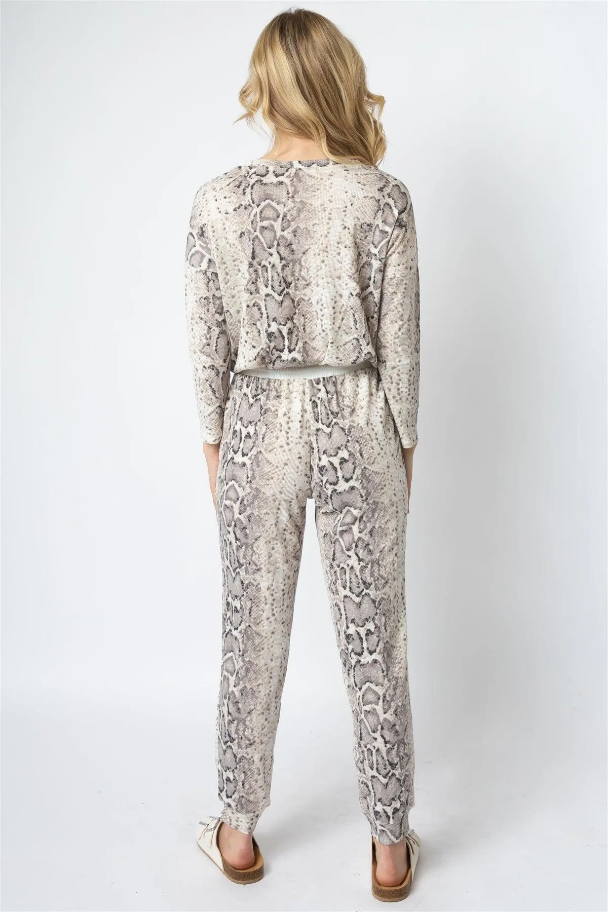 Taupe Snake Print Waffle Knit Long Sleeve Jumpsuit /1-1-1