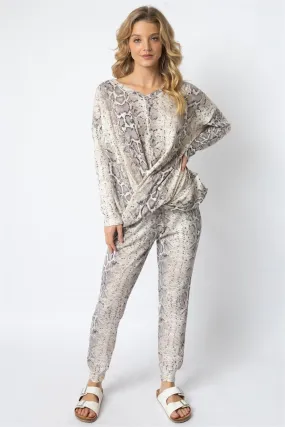 Taupe Waffle Knit Snake Print Twist Detail Top & Jogger Pant Set /1-1-1