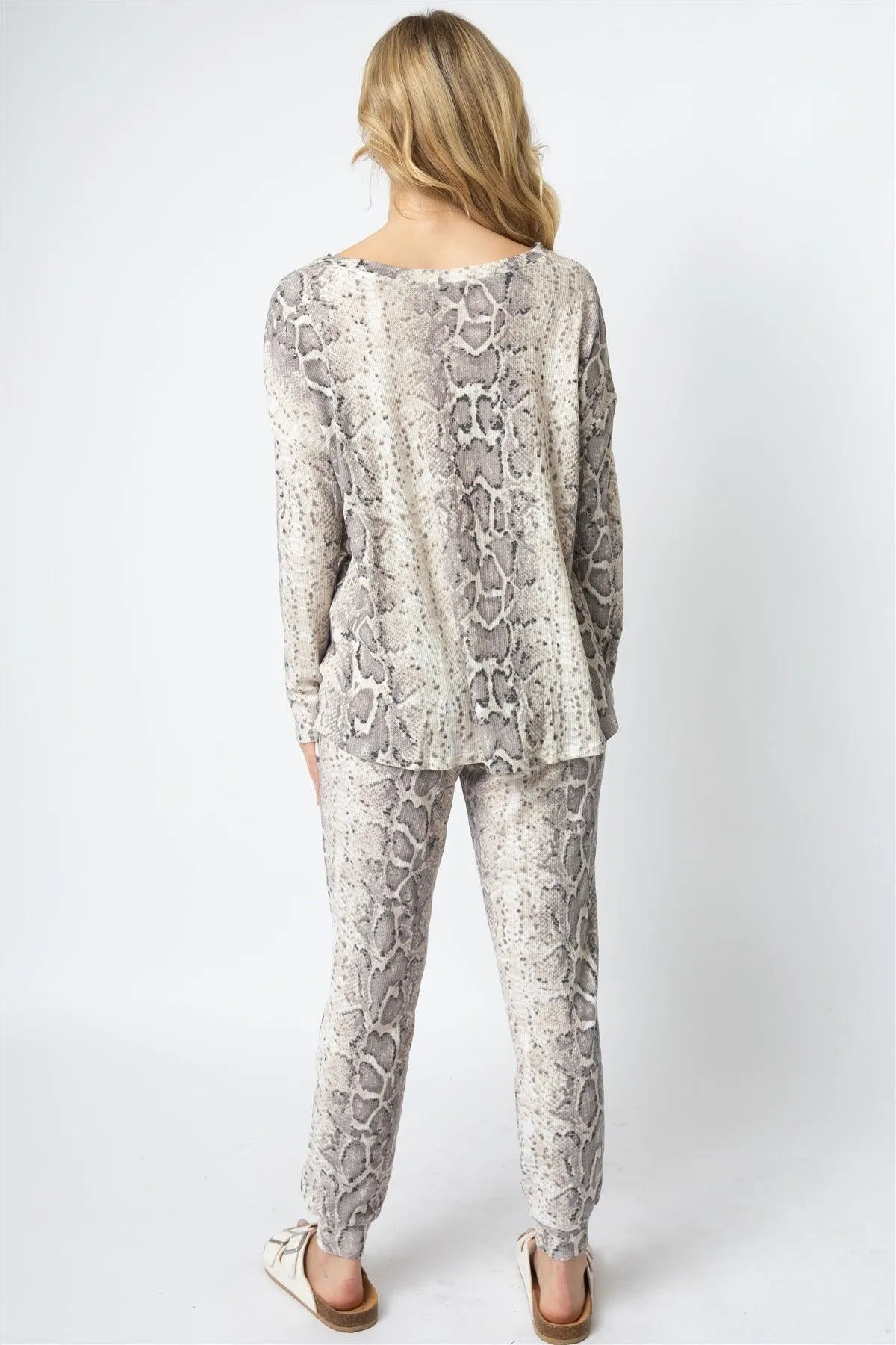 Taupe Waffle Knit Snake Print Twist Detail Top & Jogger Pant Set /1-1-1