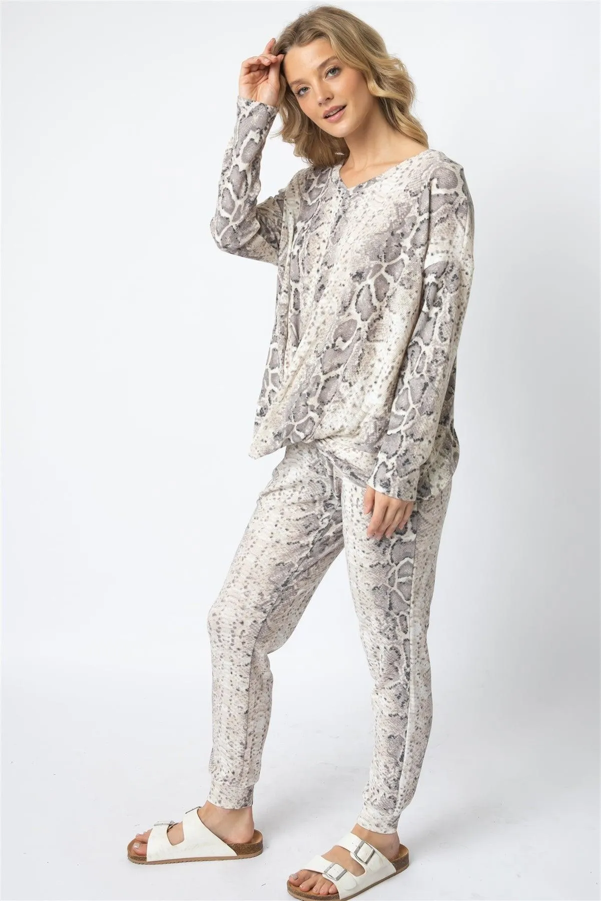 Taupe Waffle Knit Snake Print Twist Detail Top & Jogger Pant Set /1-1-1