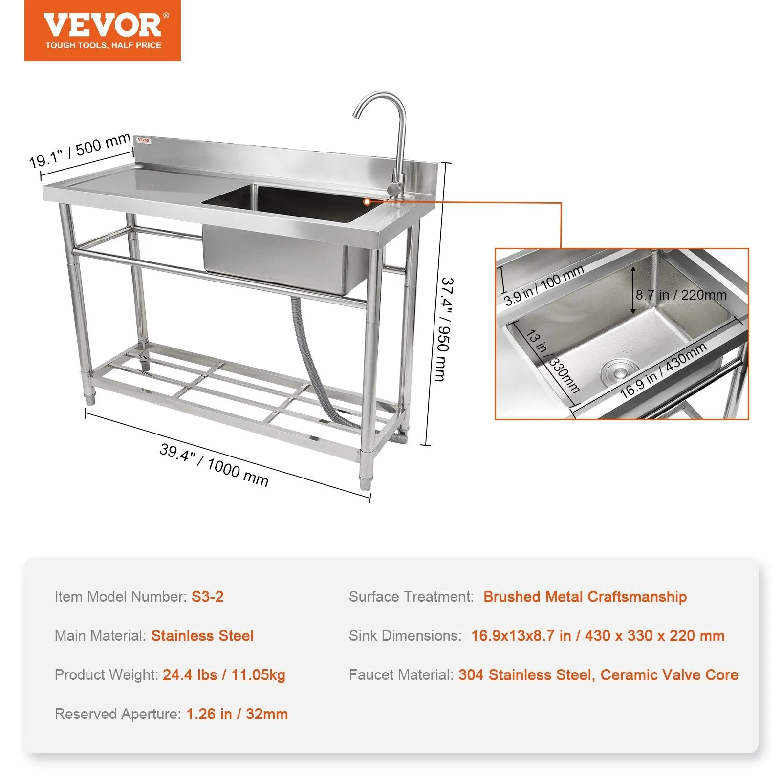 Vevor Stainless Steel Utility Sink 39.4"x19.1"x37.4" Commercial Single Bowl with Workbench NSF Certified New