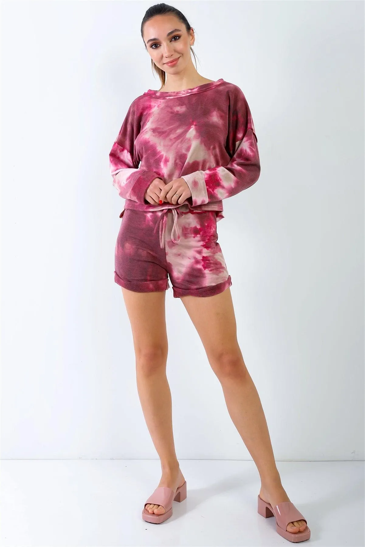 Wine & Sand Tie-Dye Inside Out Wrap Open Back Sweatshirt & High Waist Shorts Set /3-2-1