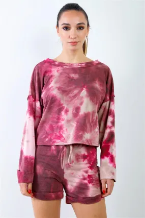 Wine & Sand Tie-Dye Inside Out Wrap Open Back Sweatshirt & High Waist Shorts Set /3-2-1